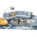 Modern Blue Sofa and Coffee Table Set with Accent Chairs Floor Lamp and Patterned Rug 3d model