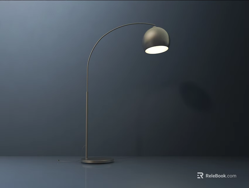 Modern Minimalist Floor Lamp With Arched Arm And Illuminated Spherical Shade On Dark Background 3d model 