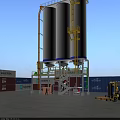 Industrial Equipment With Large Storage Silos Yellow Ladders Platforms Containers And Forklift At Industrial Yard