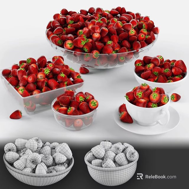 Fresh Ripe Red Strawberries in Glass Bowls and White Cups with Scattered Berries 3d model 