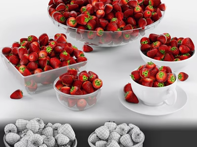 Fresh Ripe Red Strawberries in Glass Bowls and White Cups with Scattered Berries 3d model