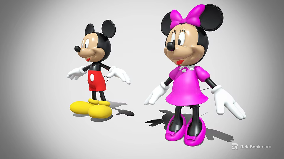 Mickey Mouse And Minnie Mouse With Red Shorts Pink Dress Bow Yellow And Pink Shoes 3d model 