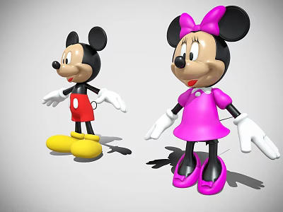 Mickey Mouse And Minnie Mouse With Red Shorts Pink Dress Bow Yellow And Pink Shoes 3d model