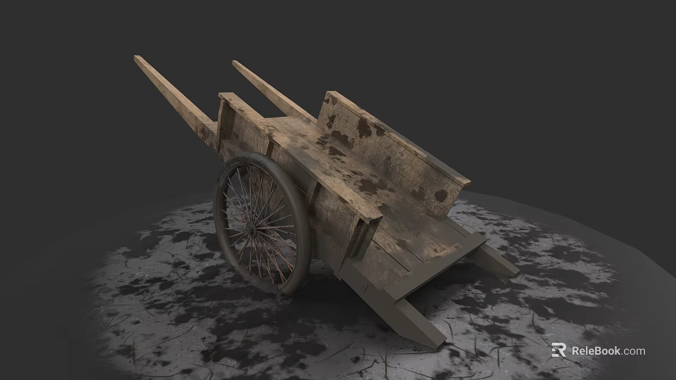 Old Wooden Wheelbarrow With Large Wheel And Worn Handles On Stained Ground 3d model 