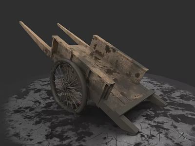 Old Wooden Wheelbarrow With Large Wheel And Worn Handles On Stained Ground 3d model
