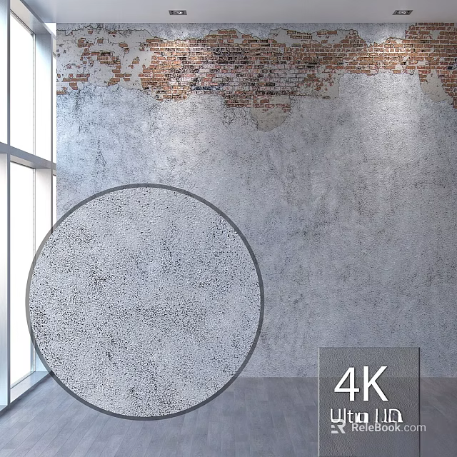 Vintage Brick and Gray Concrete Wall Interior with Round Decor and Window Light in 4K 3d model 