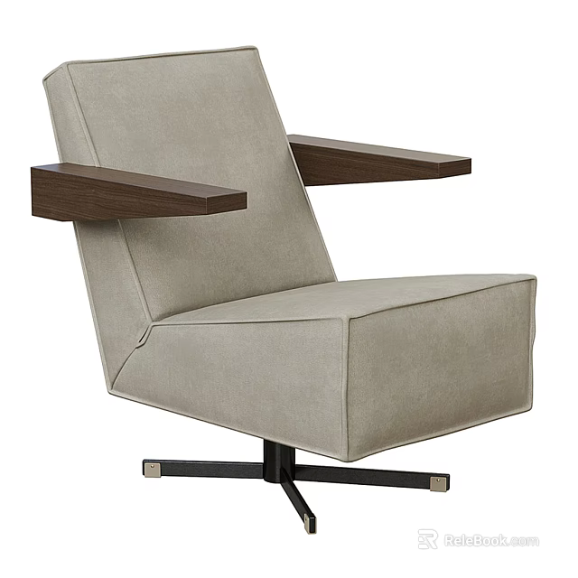 Beige Fabric Single Seater Sofa With Wooden Arms And Black Metal Swivel Base 3d model 