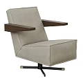 Beige Fabric Single Seater Sofa With Wooden Arms And Black Metal Swivel Base