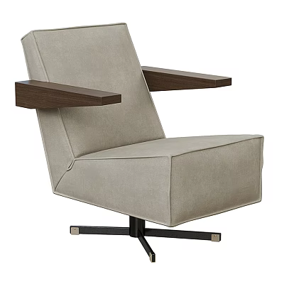 Beige Fabric Single Seater Sofa With Wooden Arms And Black Metal Swivel Base 3d model