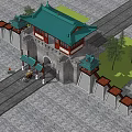 Ancient Chinese Architecture Design With Green Tiled Roof Gate Tower And Stone City Walls