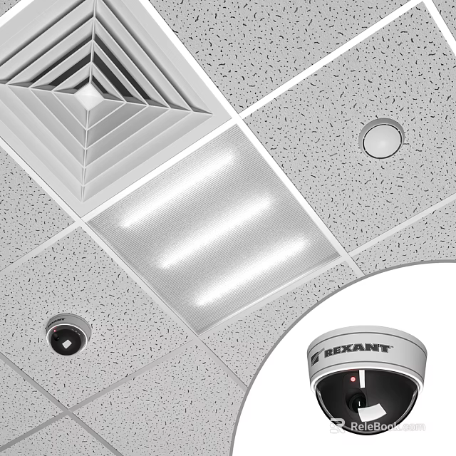 Projection Monitoring Camera Installation On Ceiling With Vent And Light Fixture 3d model 