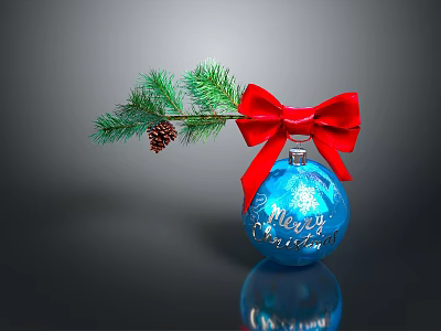 Blue Christmas Ornament With Red Bow Pine Branch And Merry Christmas Text 3d model