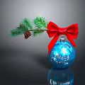 Blue Christmas Ornament With Red Bow Pine Branch And Merry Christmas Text
