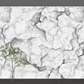 White Textured Stone Bedroom Accent Wall With Wooden Panels And Green Plant Vase