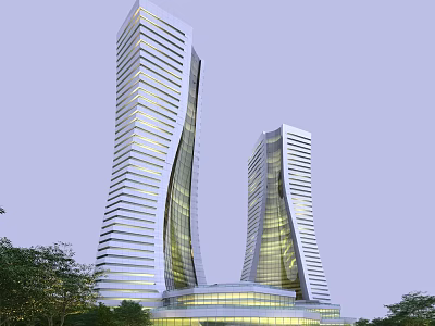 Modern Twin Office Building Skyscrapers With Unique Curved Glass Facade And Greenery 3d model