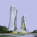 Modern Twin Office Building Skyscrapers With Unique Curved Glass Facade And Greenery