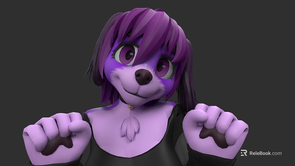 Purple Haired Woman With Anthropomorphic Dog Features In Black Outfit And Collar 3d model 