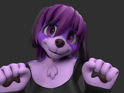 Purple Haired Woman With Anthropomorphic Dog Features In Black Outfit And Collar 3d model