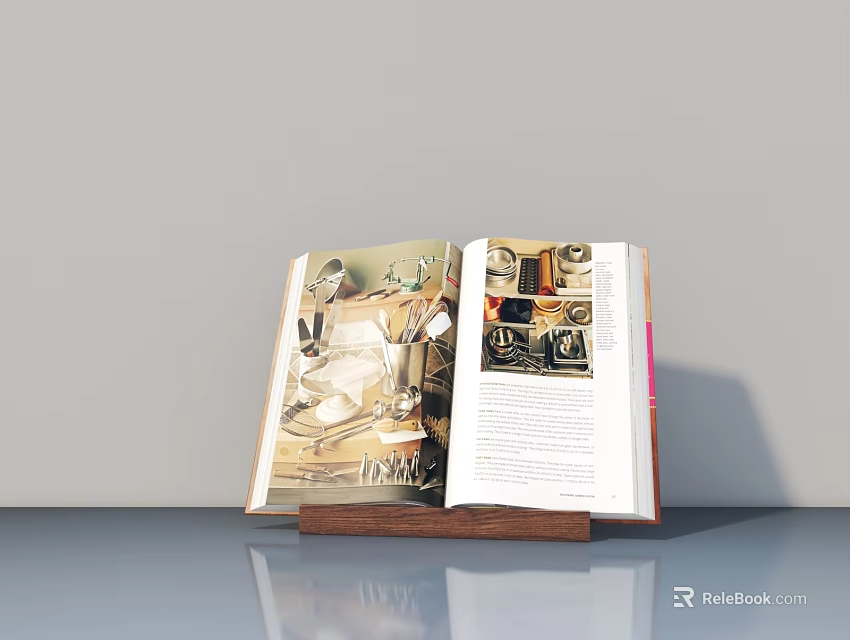 Open Home Design Book On Wooden Stand With Interior Images And Text 3d model 