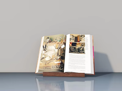 Open Home Design Book On Wooden Stand With Interior Images And Text 3d model