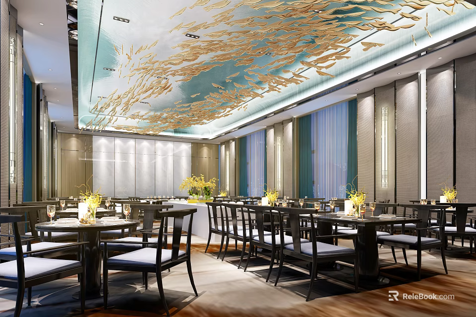 Elegant Modern Banquet Hall Interior With Golden Artistic Ceiling Dining Tables And Chairs 3d model 