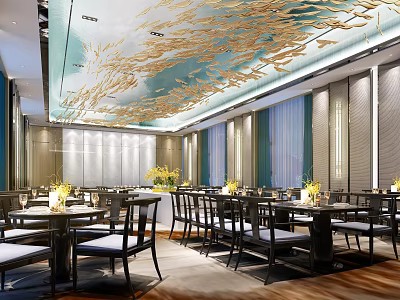 Elegant Modern Banquet Hall Interior With Golden Artistic Ceiling Dining Tables And Chairs 3d model