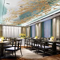Elegant Modern Banquet Hall Interior With Golden Artistic Ceiling Dining Tables And Chairs