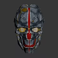 Futuristic Character Wearing Metallic Biomechanical Mask With Silver Red And Gold Intricate Accents