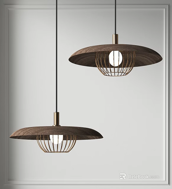 Stylish Modern Pendant Lights With Wooden Circular Shades And Metal Cage Frames For Contemporary Home Interior 3d model 