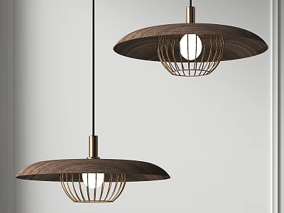 Stylish Modern Pendant Lights With Wooden Circular Shades And Metal Cage Frames For Contemporary Home Interior 3d model