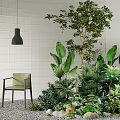 Lush Indoor Plant Combination With White Tiled Wall Black Pendant Light Green Chair And Pebbles