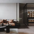 Modern Dining Living Room Interior With Dark Cabinets LED Lighting And Brown Sofa