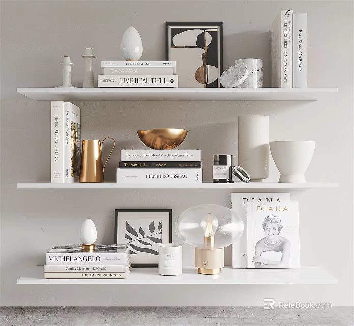 Stylish Decorative Ornament Set With Books Vases Bowl Framed Art And Candle On Shelves 3d model 