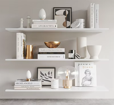 Stylish Decorative Ornament Set With Books Vases Bowl Framed Art And Candle On Shelves 3d model