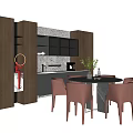 Modern Elegant Dining Table Set With Brown Leather Chairs Dark Cabinets And Decorative Light 3d model