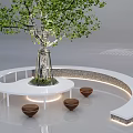 Brown Outdoor Chairs On White Curved Platform Around Green Tree With Gray Ground