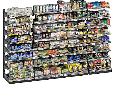 Assorted Products On Multi Tiered Retail Display Shelving Unit With Cans Boxed Foods And Beverages 3d model