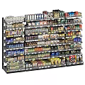 Assorted Products On Multi Tiered Retail Display Shelving Unit With Cans Boxed Foods And Beverages