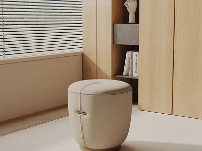 Modern Beige Leather Round Side Table in Living Space with Wooden Cabinets and Window Blinds 3d model