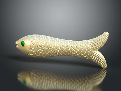 Golden Fish Sculpture With Green Eye And Scaly Texture On Reflective Surface 3d model