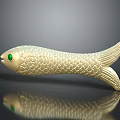 Golden Fish Sculpture With Green Eye And Scaly Texture On Reflective Surface