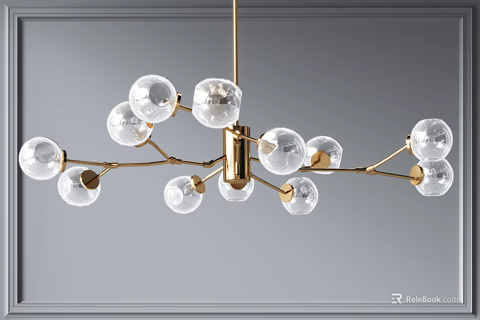 Modern Chandelier with Gold Branch Frame and Transparent Glass Balls for Elegant Interior 3d model 