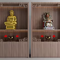 Traditional Wooden Buddhist Shrine Cabinet With Gold Buddha Deity Statues Red Candles And Incense Burners