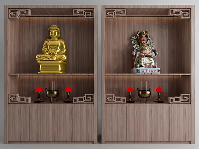 Traditional Wooden Buddhist Shrine Cabinet With Gold Buddha Deity Statues Red Candles And Incense Burners 3d model