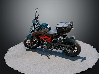 Blue and Black Motorcycle with Red Frame and Rear Storage Box on Circular Gray Surface 3d model