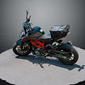 Blue and Black Motorcycle with Red Frame and Rear Storage Box on Circular Gray Surface