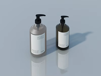 Two Modern Pump Bottles With White Labels On Reflective Surface 3d model