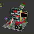 Fitness Exhibition Booth Design With BROTEIN Sign Barbell And Red Cabinets