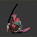 3D Anime Character With Pink Hair Green Top Purple Outfit And Pink Sash On Rock