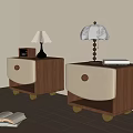 Modern Wooden Nightstands with White Drawers Rolling Wheels and Table Lamps